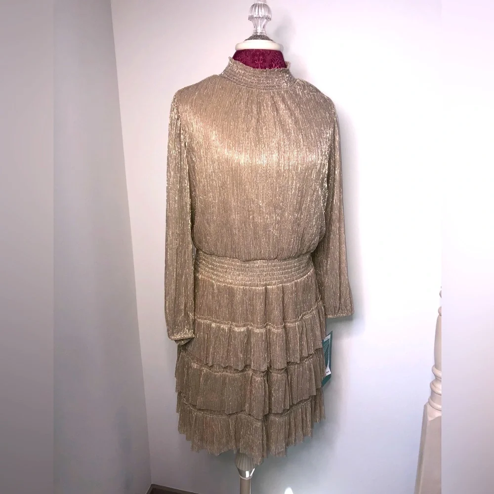 Sam & Jess Semi-Sheer Tiered Ruffle Mock turtleneck Dress Shimmer Gold S…